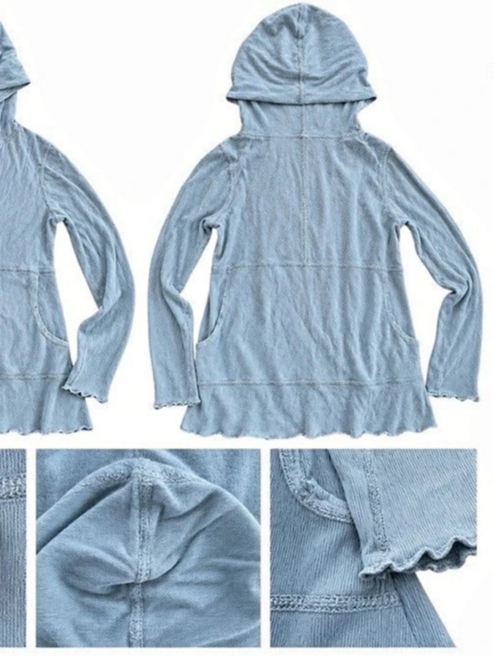 Michael Stars Vintage Light Blue Hooded V Neck Long Sleeve Top One Size Y2K